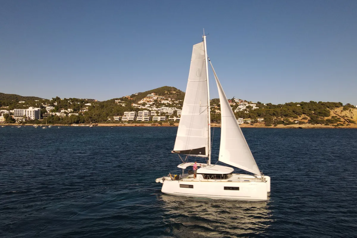 Exterior view of Eskimo, a Lagoon 40 catamaran at Ibiza, Spain