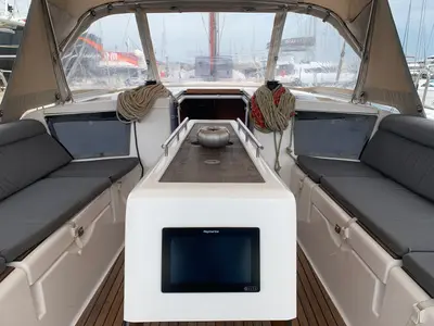 Deck of Barracuda, a Dufour 390 GL sailboat at Lavrion, Greece