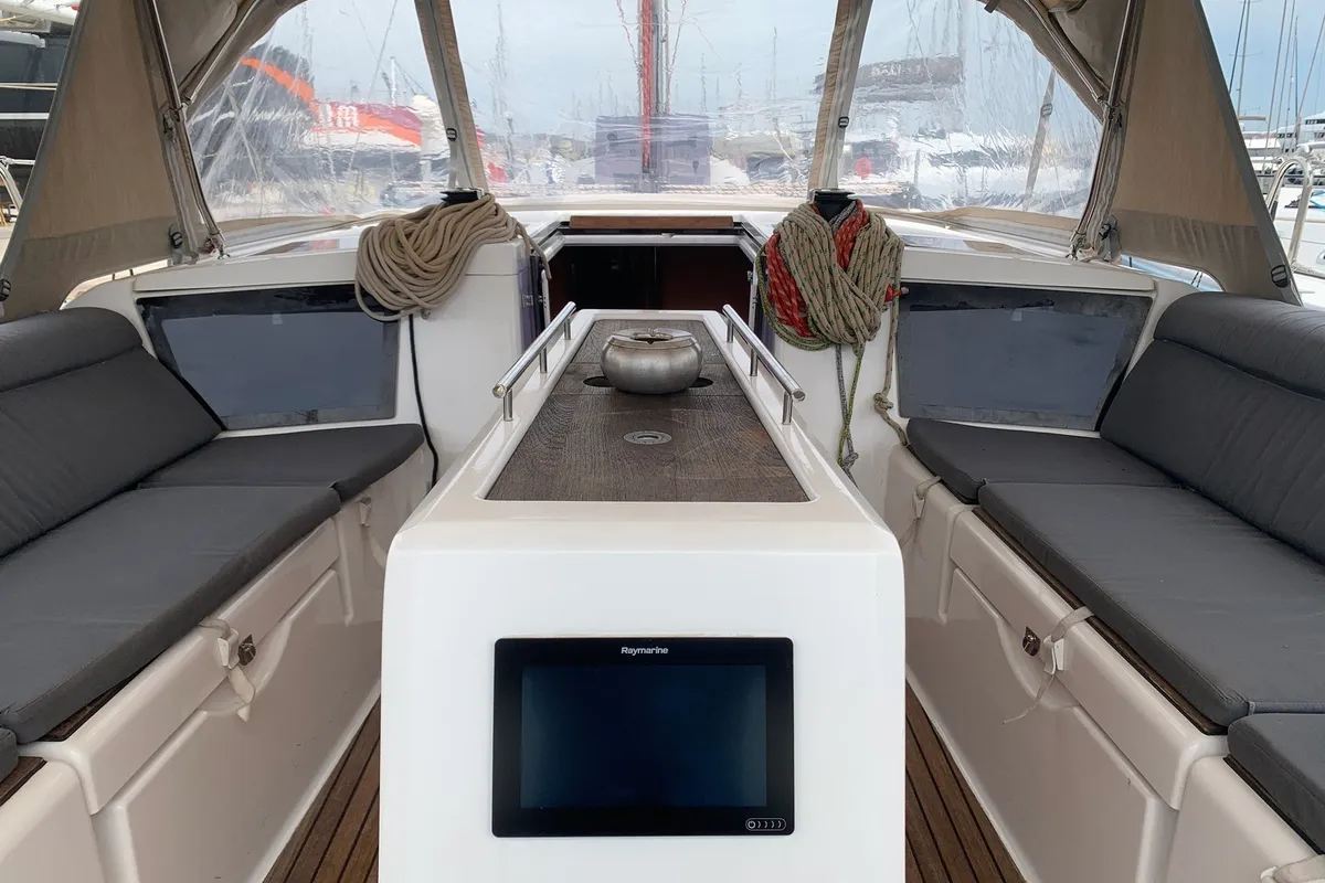Deck of Barracuda, a Dufour 390 GL sailboat at Lavrion, Greece