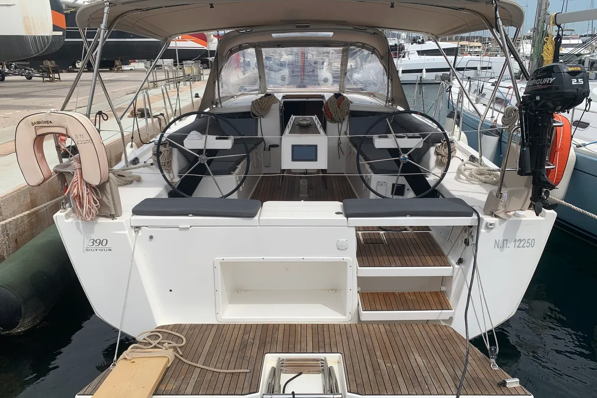 Exterior view of Barracuda, a Dufour 390 GL sailboat at Lavrion, Greece