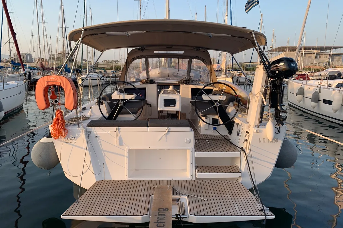 Exterior view of Barracuda, a Dufour 390 GL sailboat at Lavrion, Greece