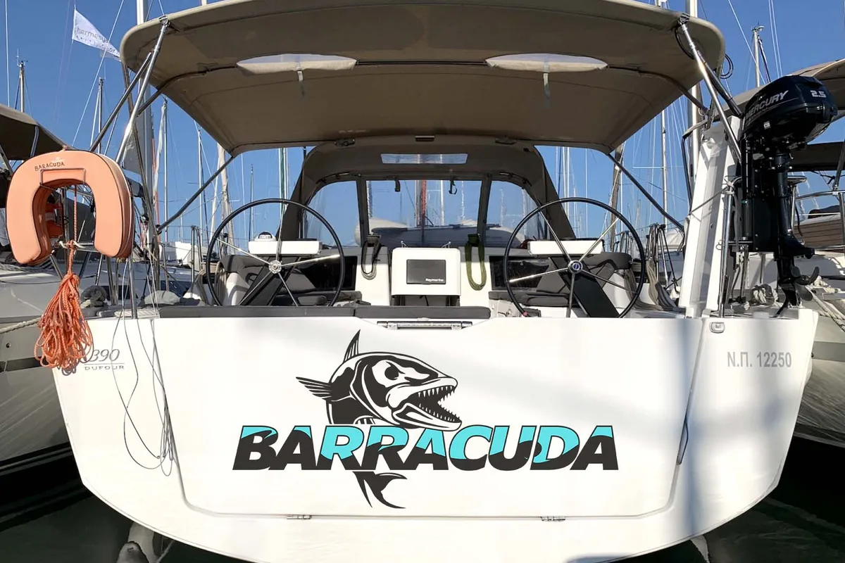 Exterior view of Barracuda, a Dufour 390 GL sailboat at Lavrion, Greece