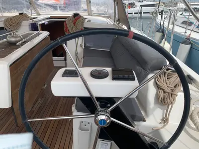 Cockpit of Barracuda, a Dufour 390 GL sailboat at Lavrion, Greece