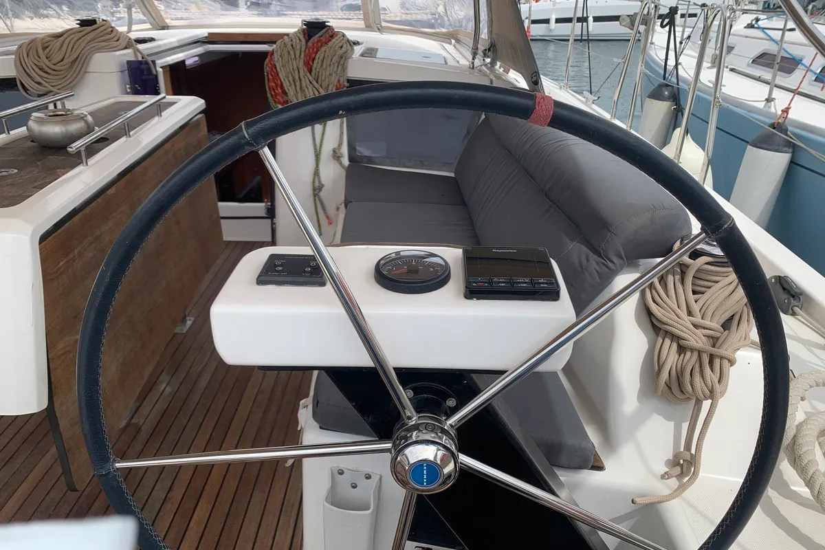 Cockpit of Barracuda, a Dufour 390 GL sailboat at Lavrion, Greece