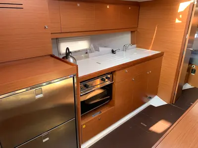Galley of Barracuda, a Dufour 390 GL sailboat at Lavrion, Greece
