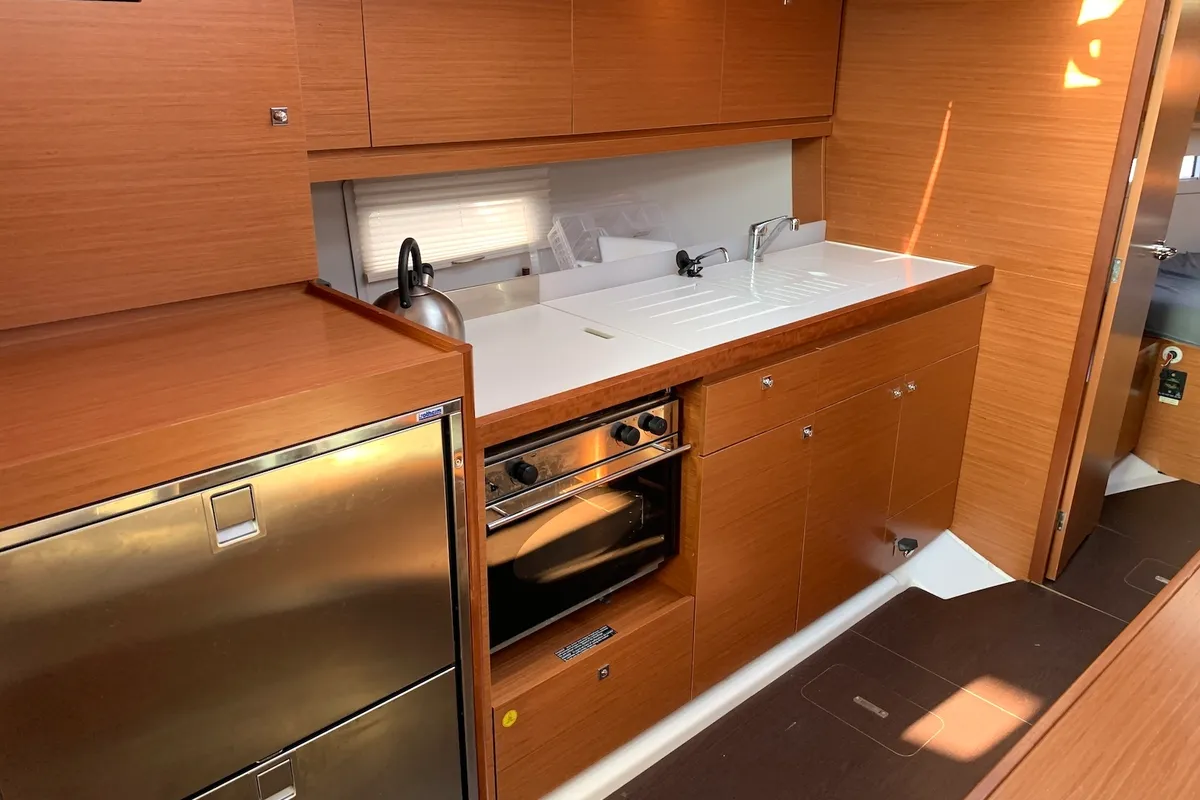 Galley of Barracuda, a Dufour 390 GL sailboat at Lavrion, Greece