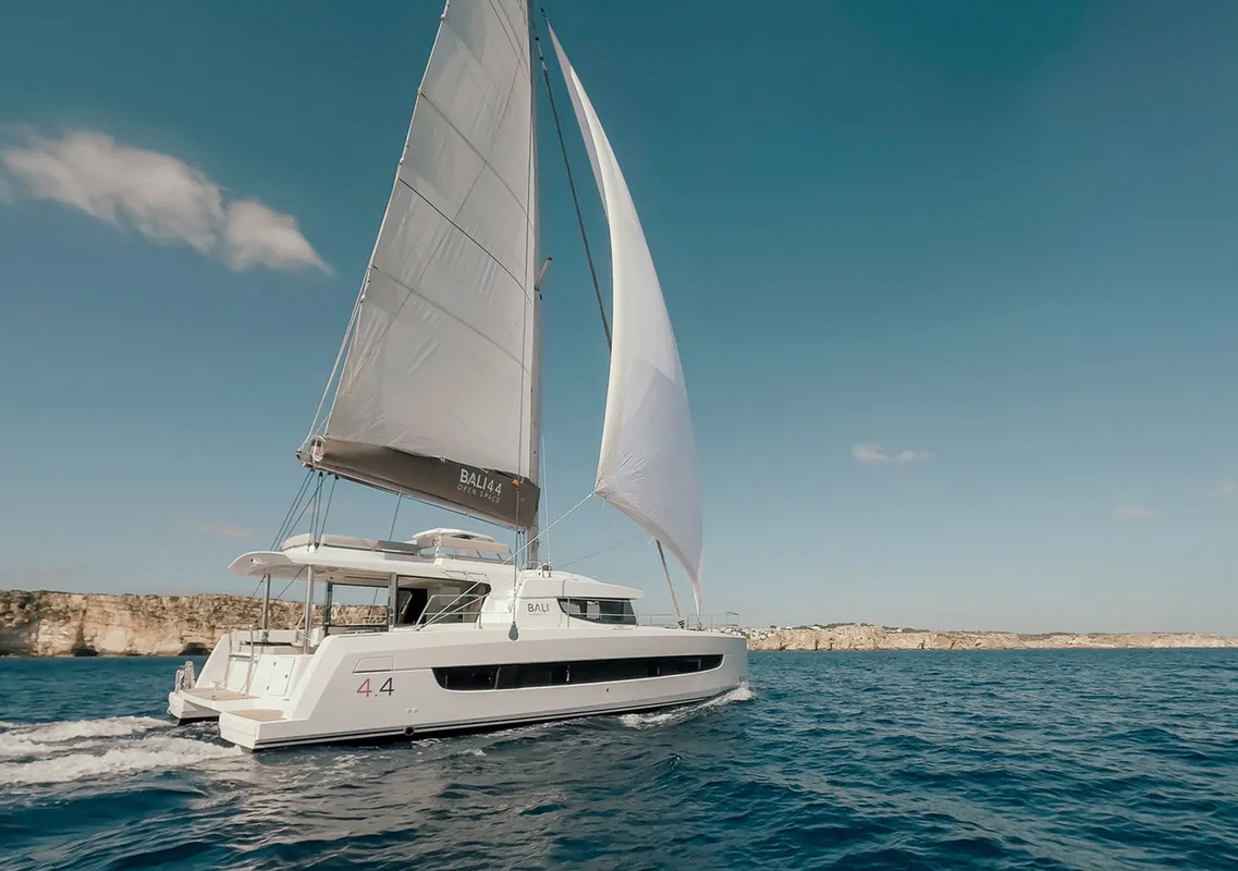 Exterior view of OLIVIA, a Bali 4.4 catamaran at Sant Antoni de Portmany, Spain