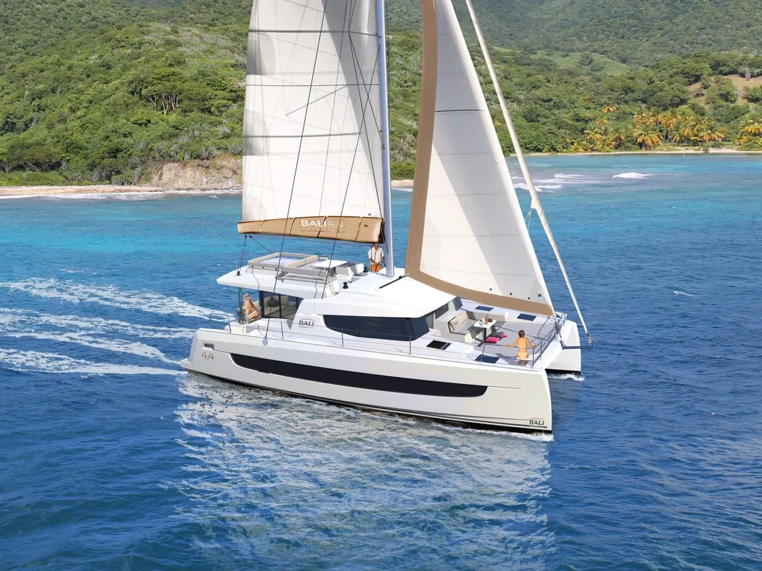 Exterior view of OLIVIA, a Bali 4.4 catamaran at Sant Antoni de Portmany, Spain