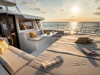 Deck of OLIVIA, a Bali 4.4 catamaran at Sant Antoni de Portmany, Spain