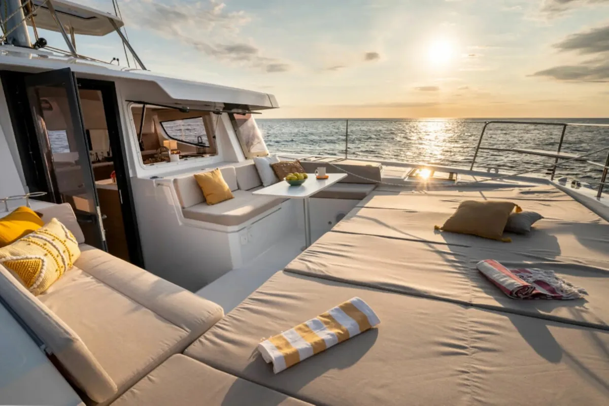 Deck of OLIVIA, a Bali 4.4 catamaran at Sant Antoni de Portmany, Spain