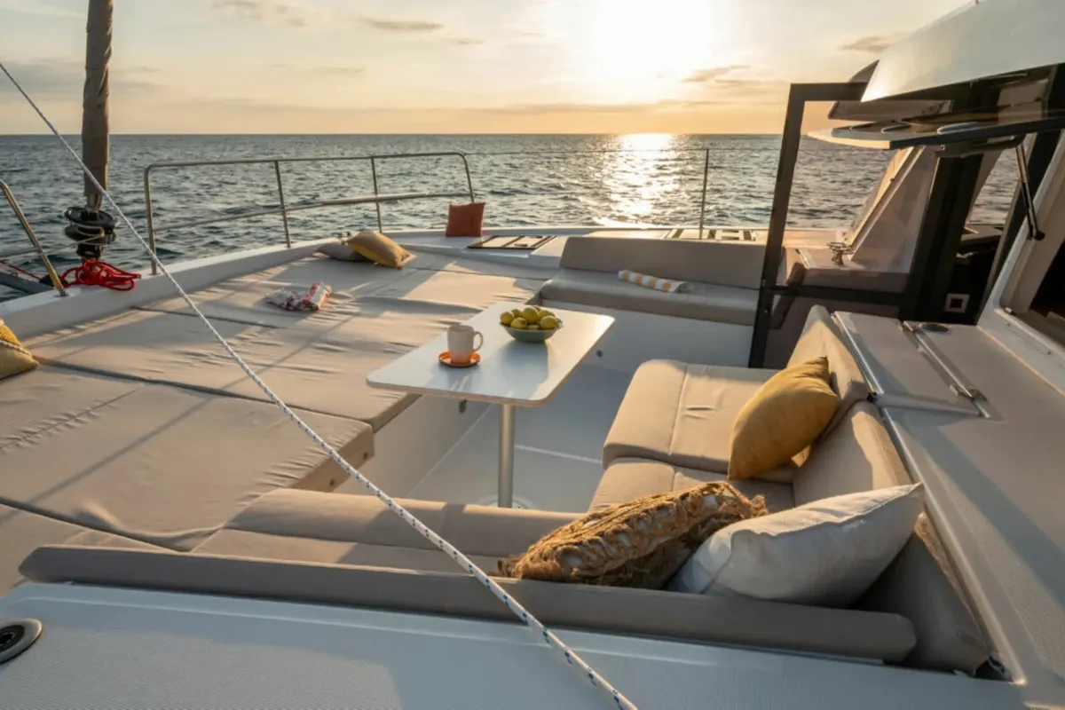 Deck of OLIVIA, a Bali 4.4 catamaran at Sant Antoni de Portmany, Spain