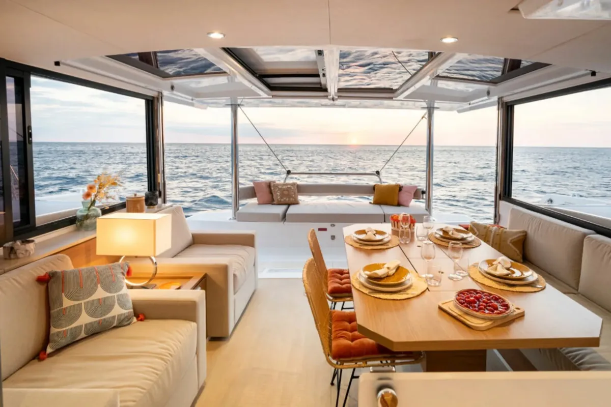 Salon of OLIVIA, a Bali 4.4 catamaran at Sant Antoni de Portmany, Spain
