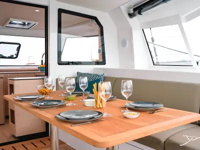 Cabin on Polé Polé, a Nautitech 40 Open catamaran at Grimaud, France