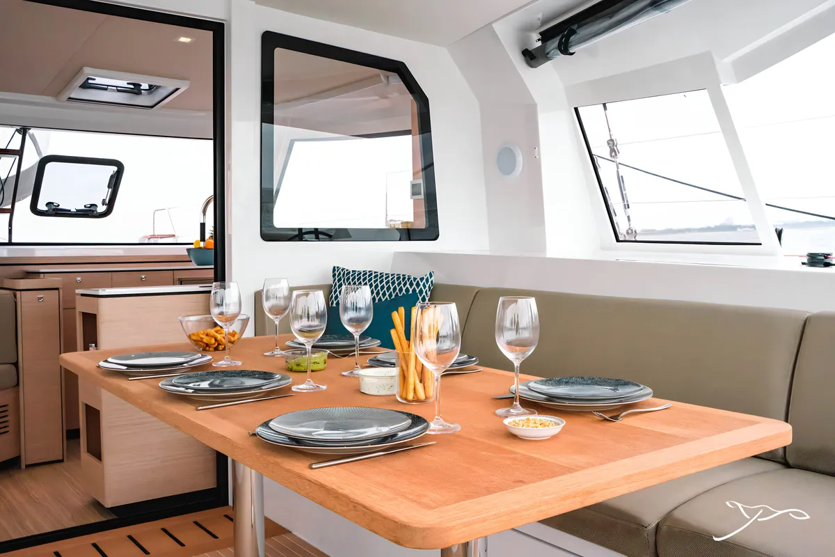 Cabin on Polé Polé, a Nautitech 40 Open catamaran at Grimaud, France
