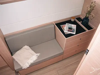 Salon of Polé Polé, a Nautitech 40 Open catamaran at Grimaud, France