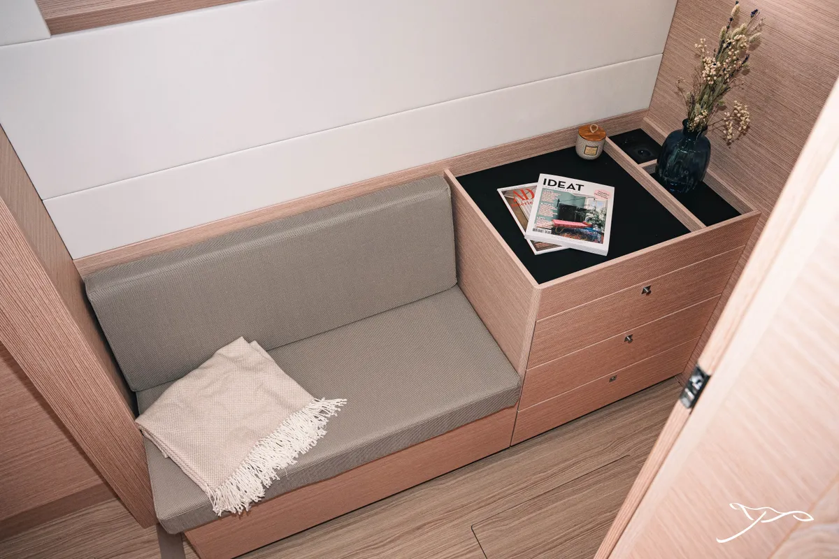 Salon of Polé Polé, a Nautitech 40 Open catamaran at Grimaud, France