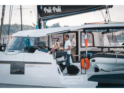 Deck of Polé Polé, a Nautitech 40 Open catamaran at Grimaud, France