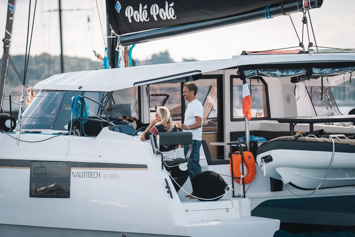 Deck of Polé Polé, a Nautitech 40 Open catamaran at Grimaud, France