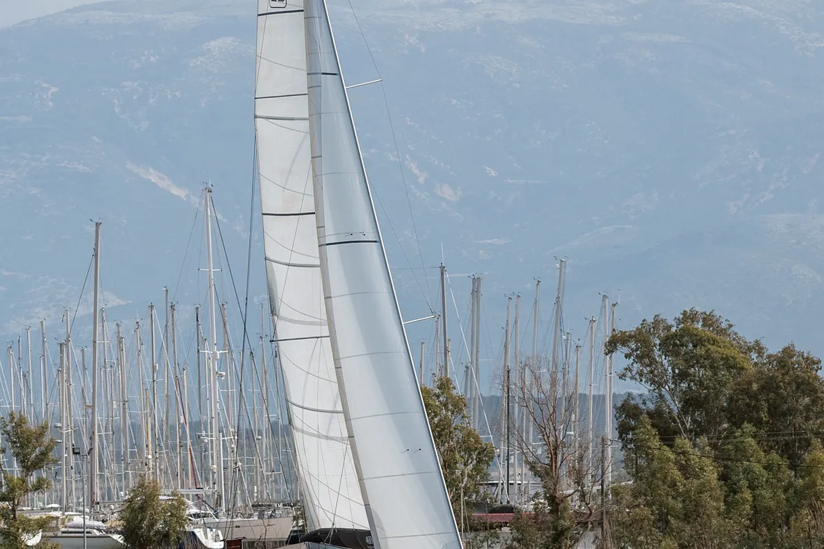 Exterior view of Kosmopolitan, a Dufour 460 GL sailboat at Municipal Unit of Apollonioi, Greece