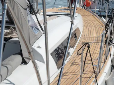 Deck of Kosmopolitan, a Dufour 460 GL sailboat at Municipal Unit of Apollonioi, Greece