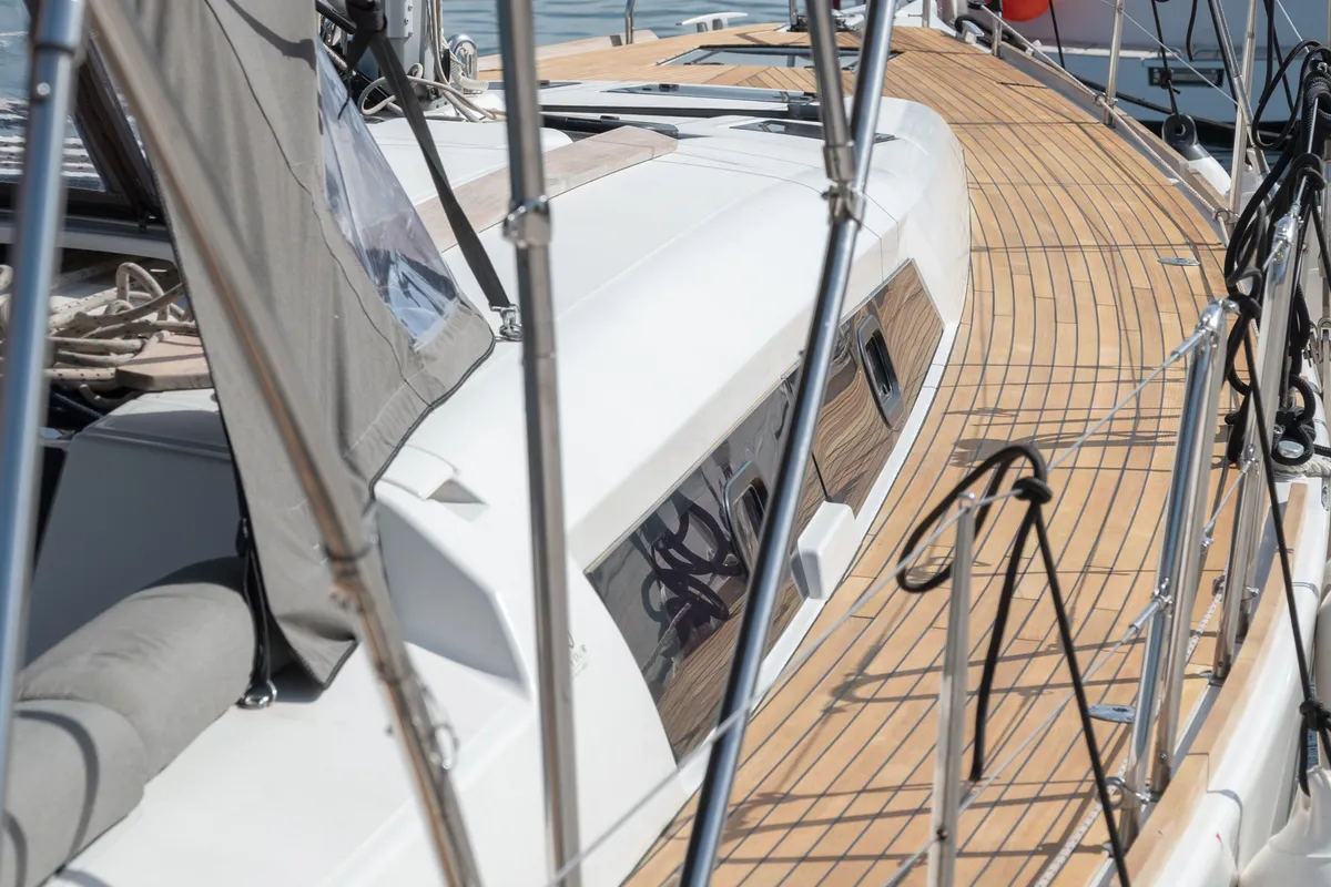 Deck of Kosmopolitan, a Dufour 460 GL sailboat at Municipal Unit of Apollonioi, Greece