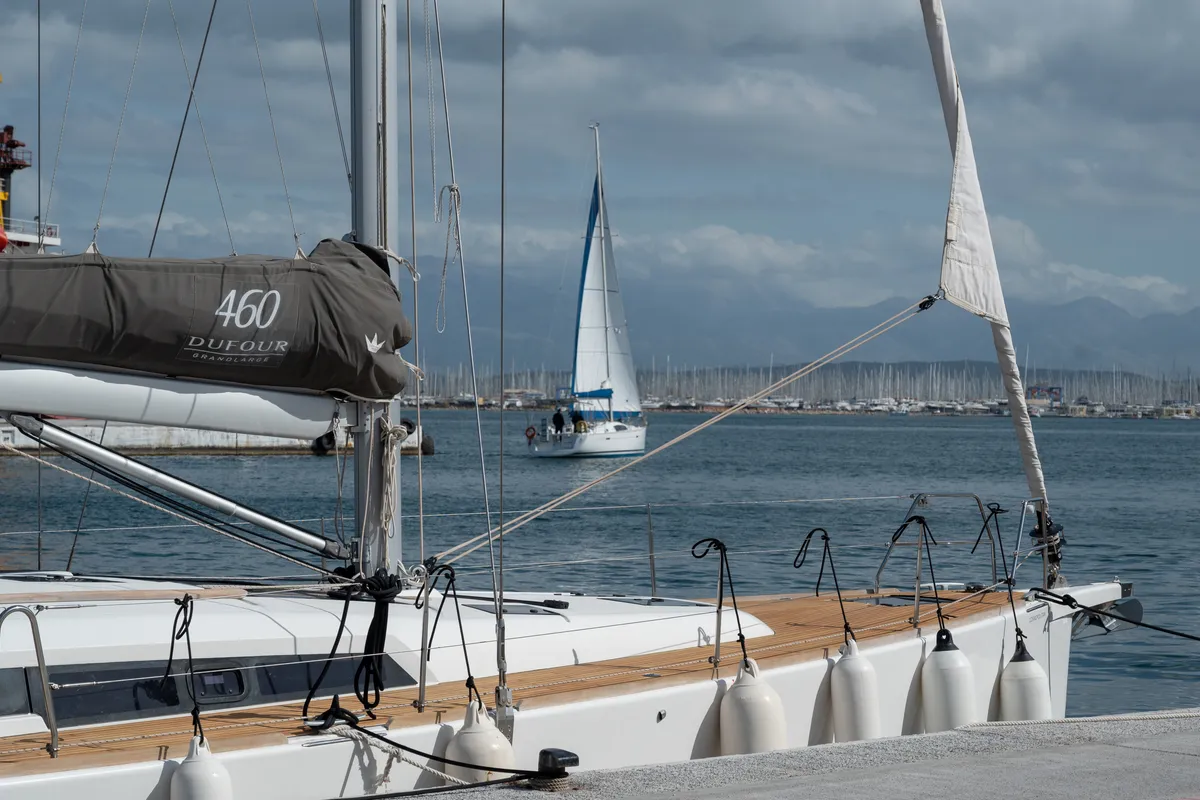 Exterior view of Kosmopolitan, a Dufour 460 GL sailboat at Municipal Unit of Apollonioi, Greece