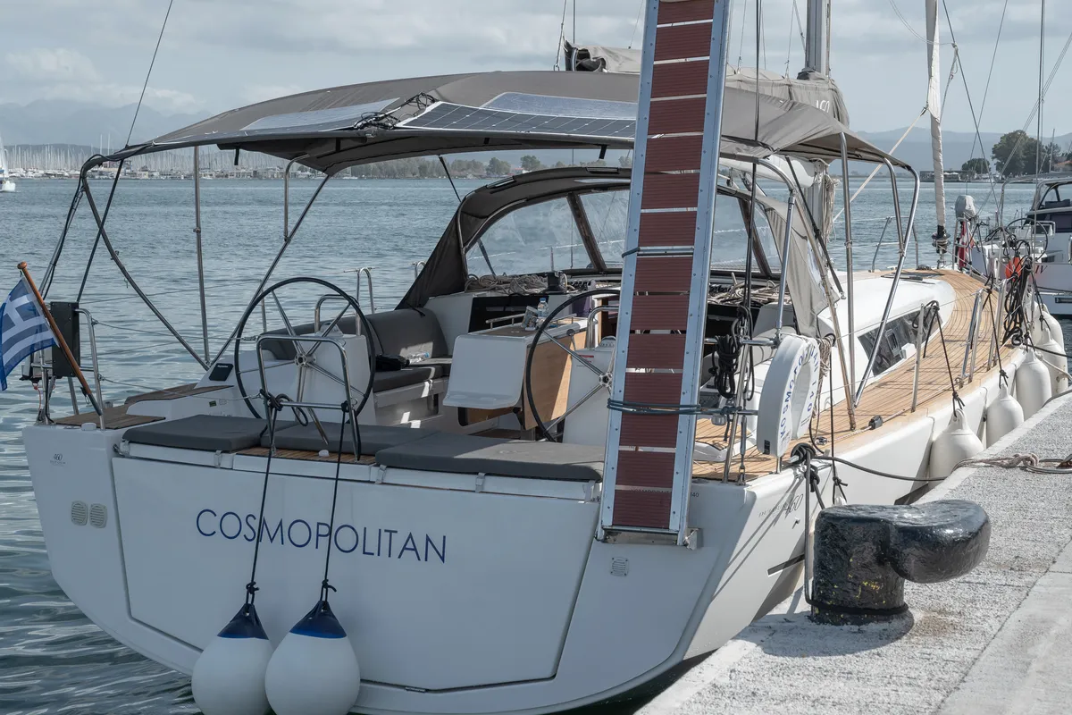 Exterior view of Kosmopolitan, a Dufour 460 GL sailboat at Municipal Unit of Apollonioi, Greece