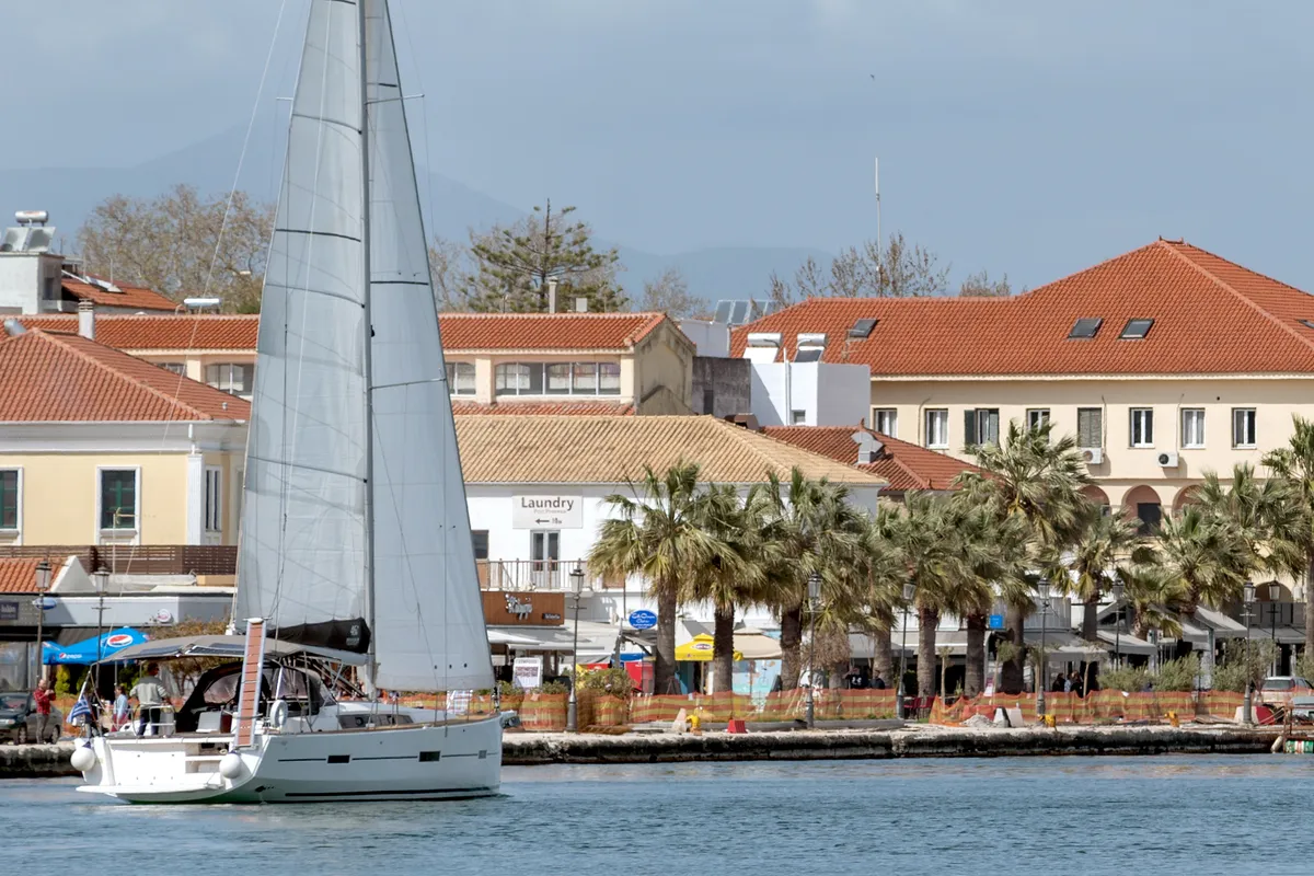 Exterior view of Kosmopolitan, a Dufour 460 GL sailboat at Municipal Unit of Apollonioi, Greece