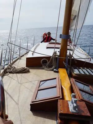 Deck of Black Bird, a Unknown Pilot Cutter sailboat at Pula, Croatia