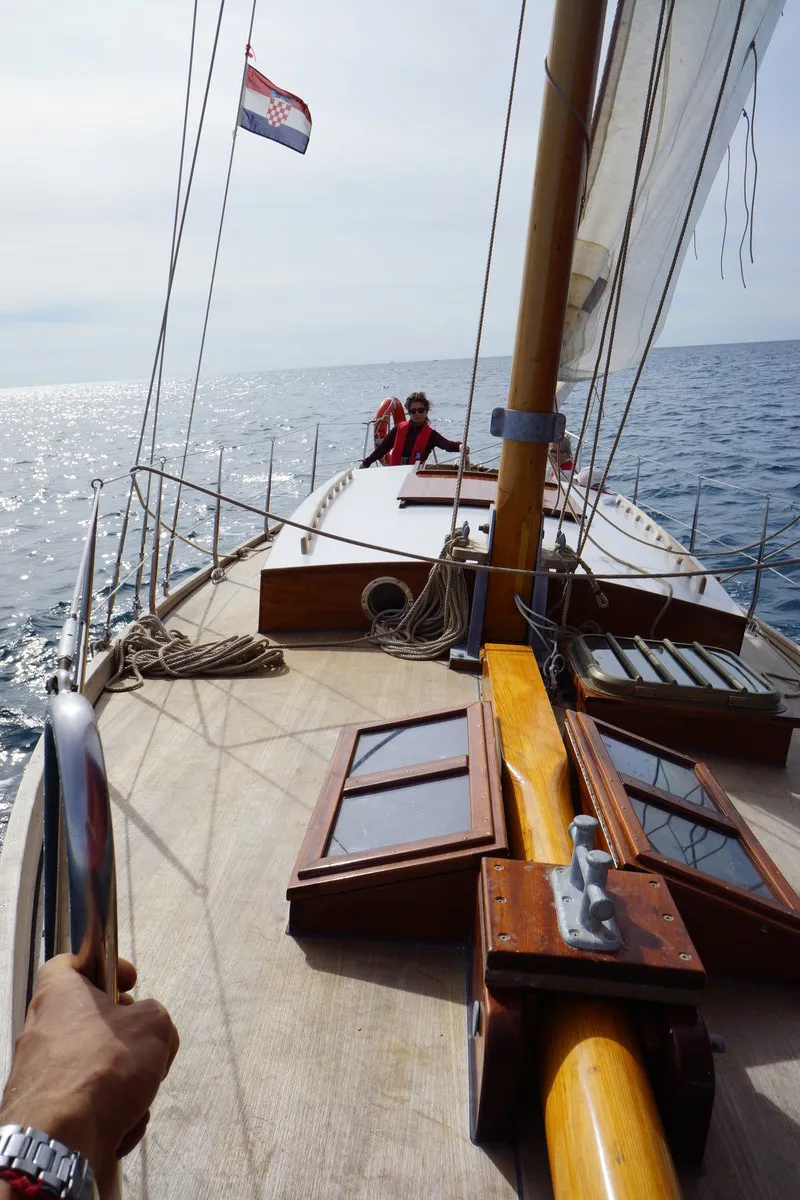 Deck of Black Bird, a Unknown Pilot Cutter sailboat at Pula, Croatia
