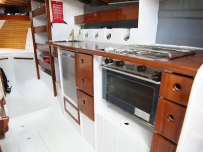 Galley of Black Bird, a Unknown Pilot Cutter sailboat at Pula, Croatia