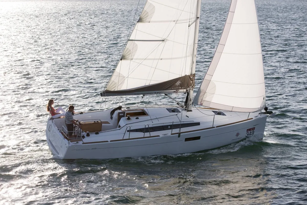 Exterior view of Mon Amour, a Jeanneau Sun Odyssey 349 sailboat at Tonnarella, Italy