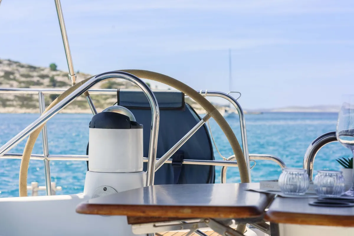 Cockpit of Ema, a Jeanneau Sun Odyssey 42i sailboat at Tribunj, Croatia