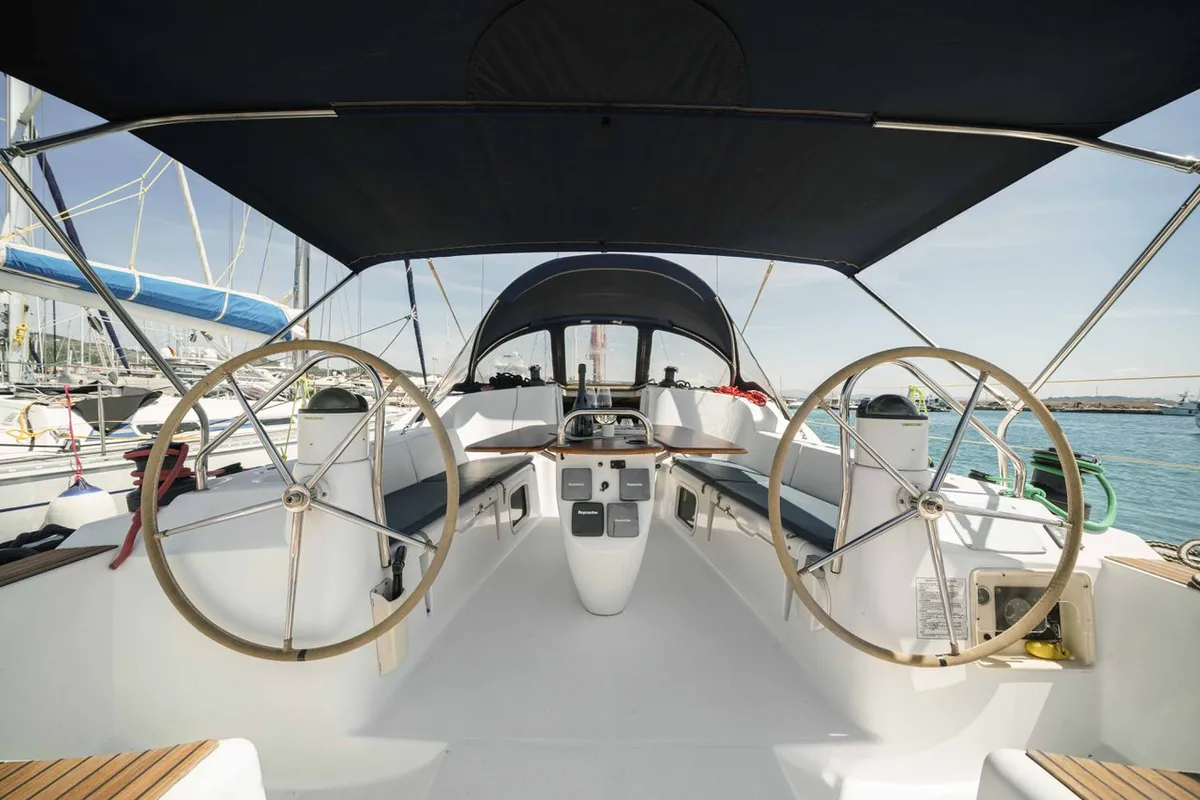 Cockpit of Ema, a Jeanneau Sun Odyssey 42i sailboat at Tribunj, Croatia