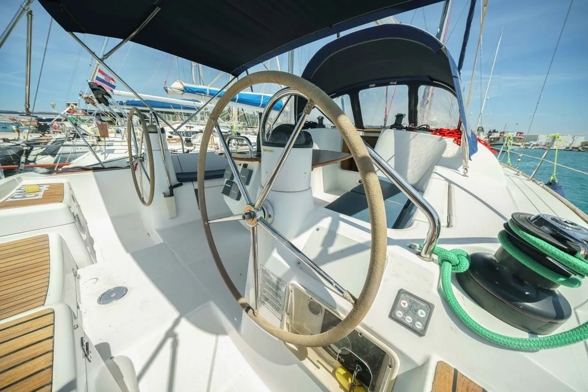 Cockpit of Ema, a Jeanneau Sun Odyssey 42i sailboat at Tribunj, Croatia