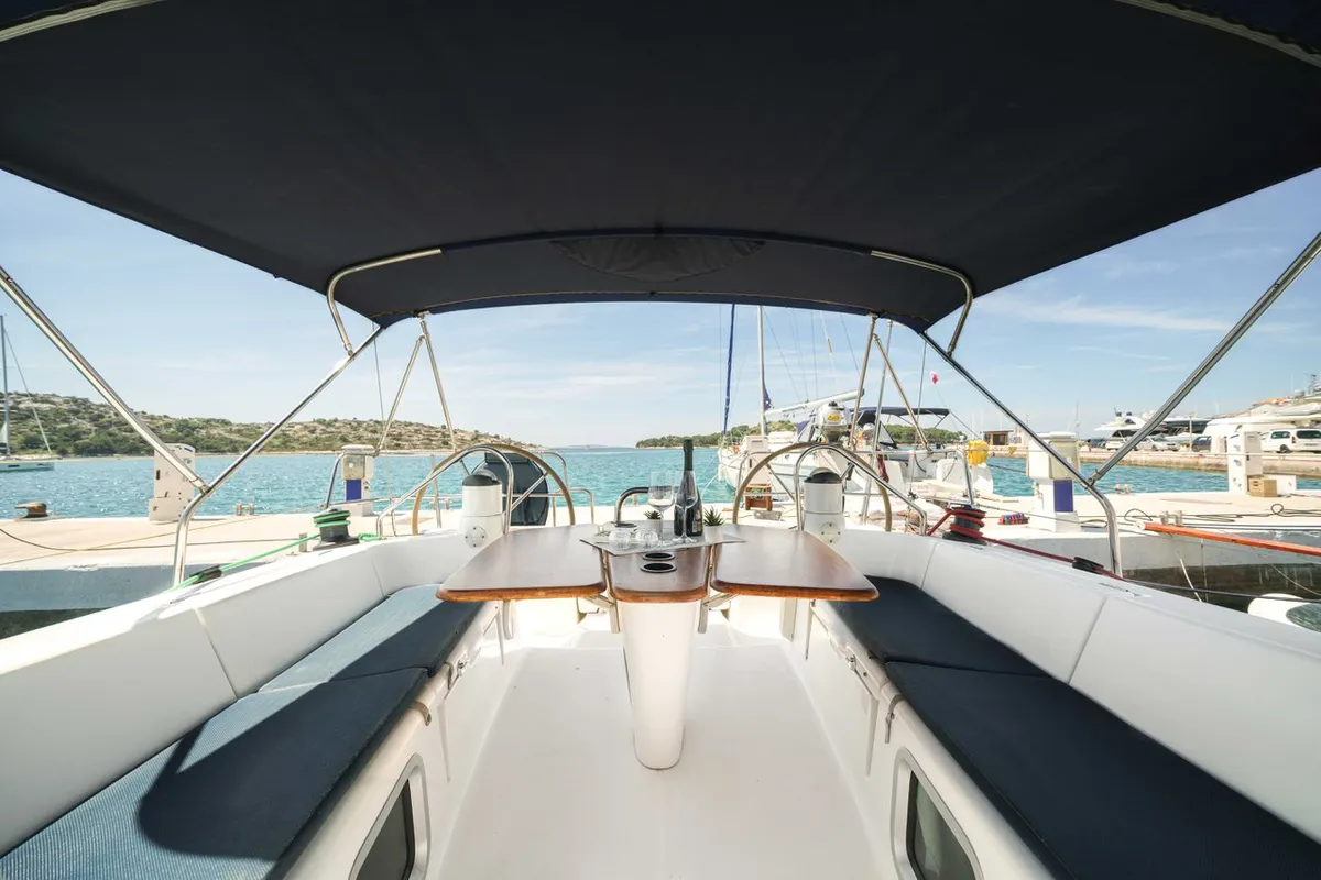 Deck of Ema, a Jeanneau Sun Odyssey 42i sailboat at Tribunj, Croatia