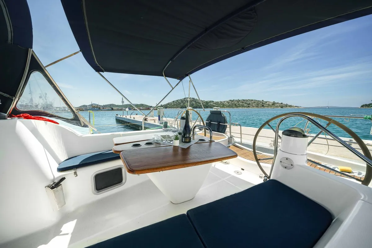 Deck of Ema, a Jeanneau Sun Odyssey 42i sailboat at Tribunj, Croatia