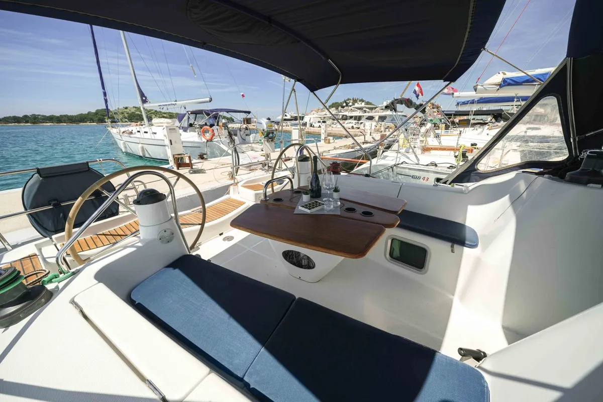 Deck of Ema, a Jeanneau Sun Odyssey 42i sailboat at Tribunj, Croatia