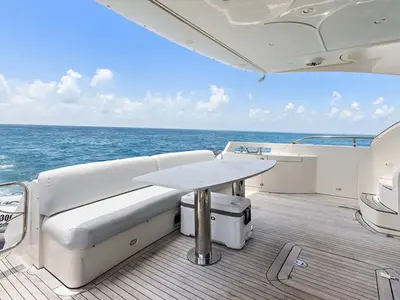 Deck of After Parr T, a Marquis 720 Flybridge motor yacht at Stock Island, United States