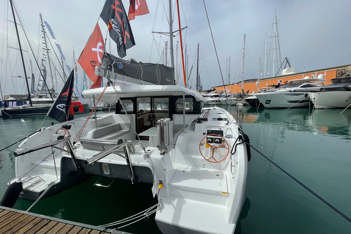 Exterior view of Saona, a Excess 11 catamaran at Ibiza, Spain