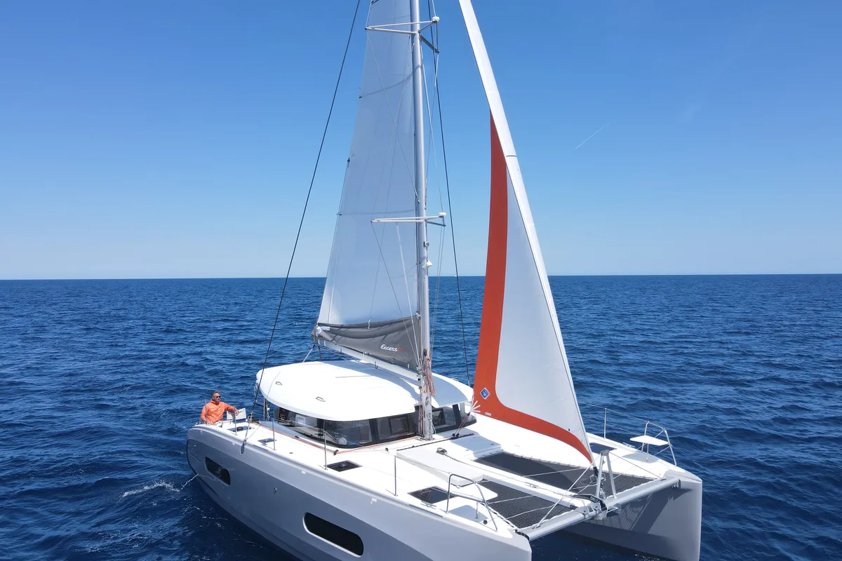 Exterior view of Saona, a Excess 11 catamaran at Ibiza, Spain