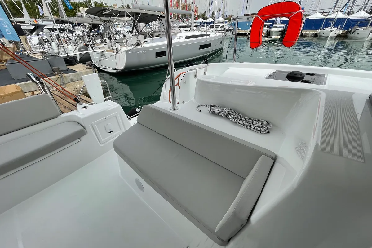 Deck of Saona, a Excess 11 catamaran at Ibiza, Spain