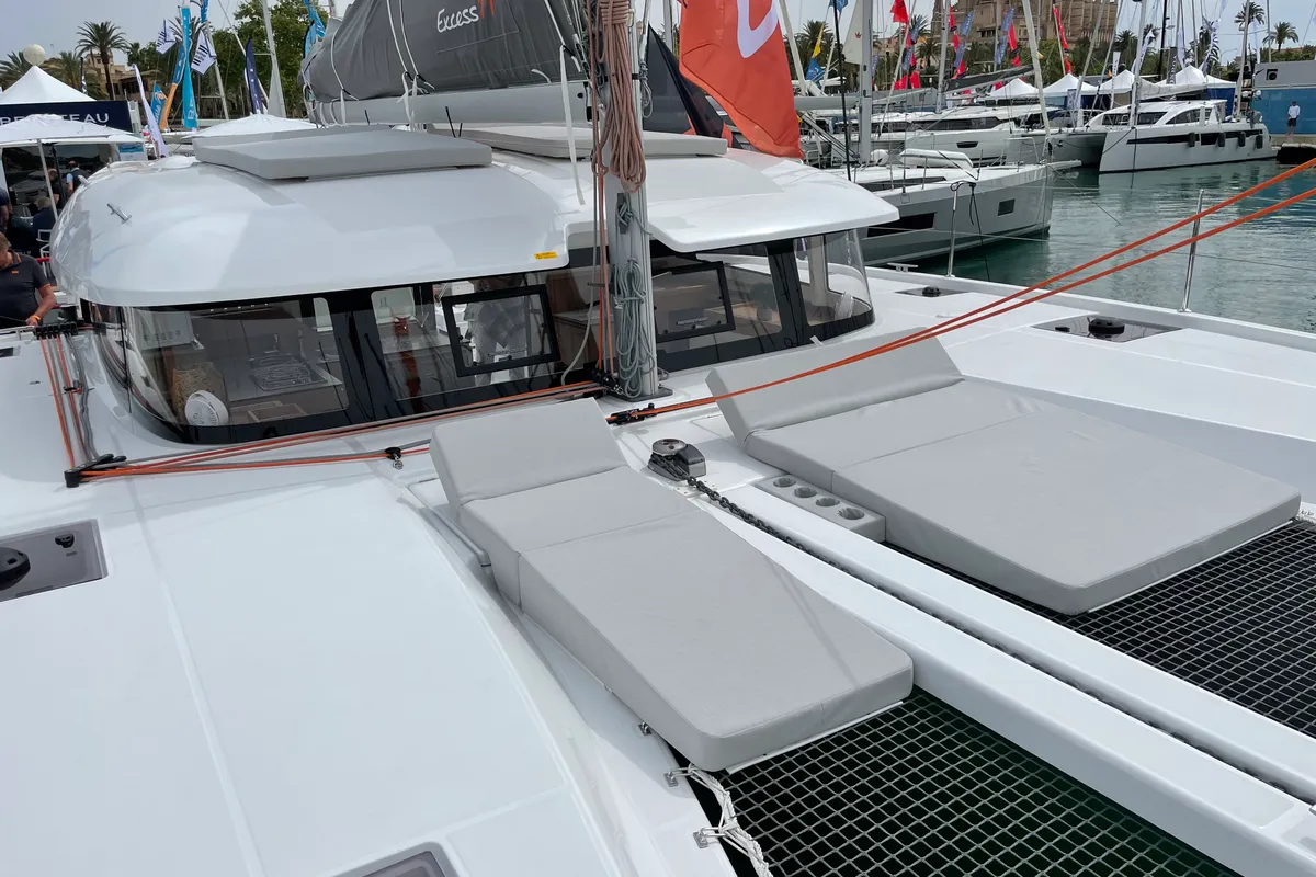 Deck of Saona, a Excess 11 catamaran at Ibiza, Spain