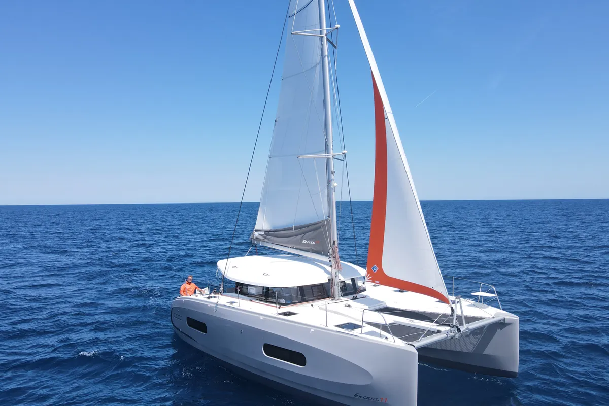 Exterior view of Saona, a Excess 11 catamaran at Ibiza, Spain