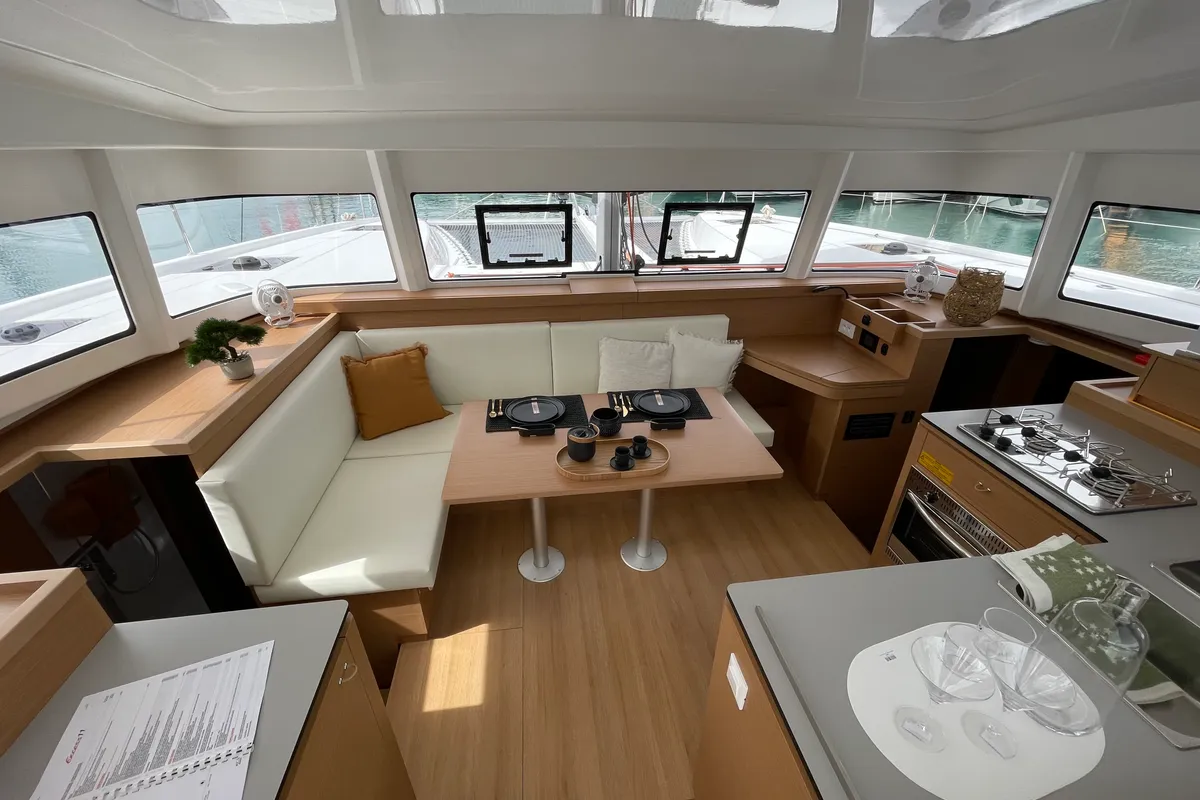 Salon of Saona, a Excess 11 catamaran at Ibiza, Spain