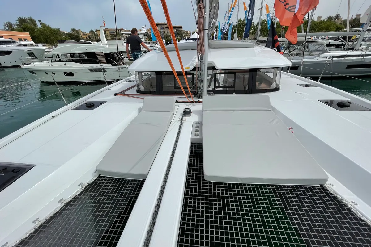 Exterior view of Saona, a Excess 11 catamaran at Ibiza, Spain