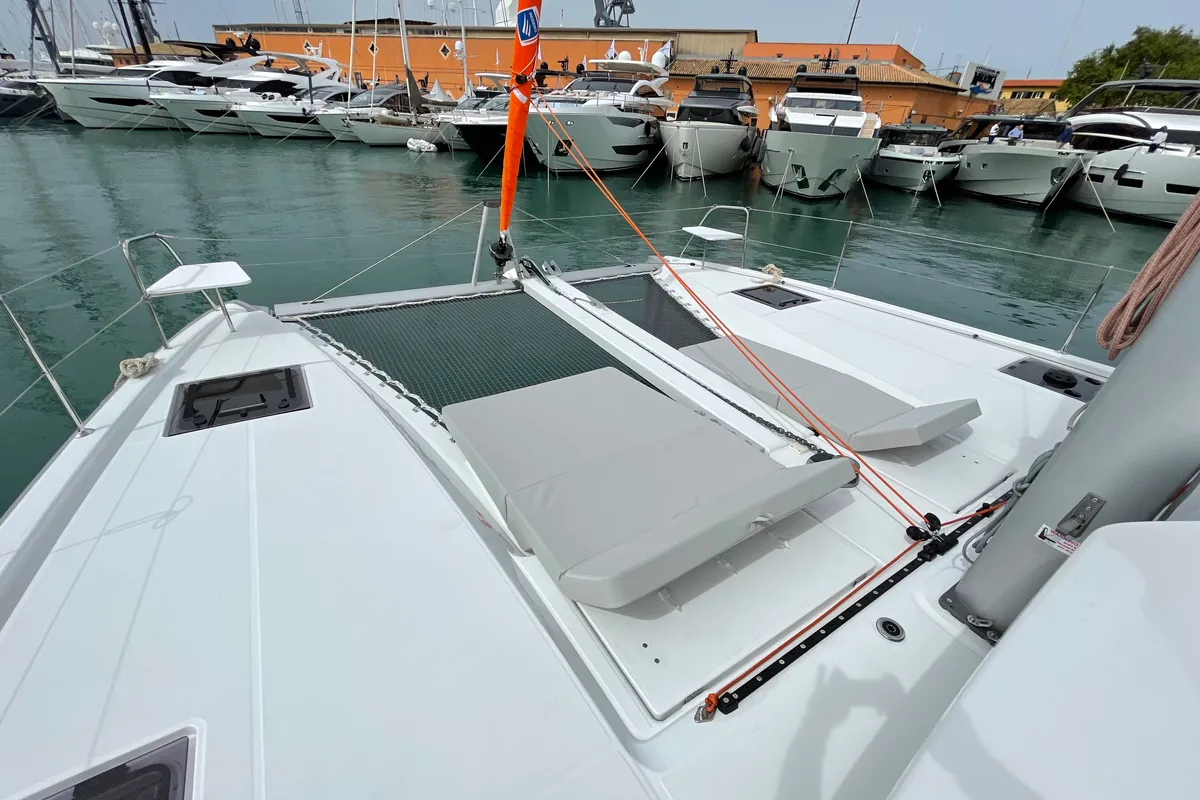 Deck of Saona, a Excess 11 catamaran at Ibiza, Spain
