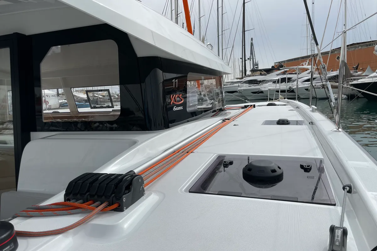 Deck of Saona, a Excess 11 catamaran at Ibiza, Spain