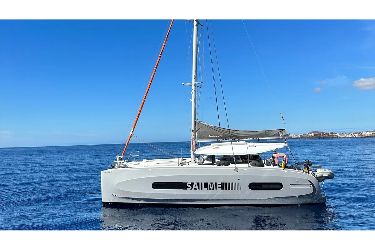 Exterior view of Saona, a Excess 11 catamaran at Ibiza, Spain