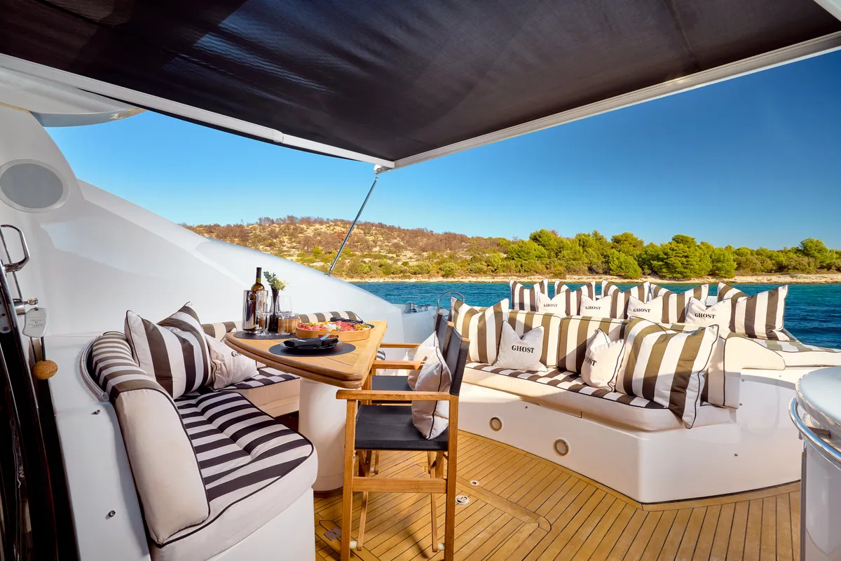 Deck of Ghost, a Sunseeker Predator 72 motor yacht at Grad Kaštela, Croatia